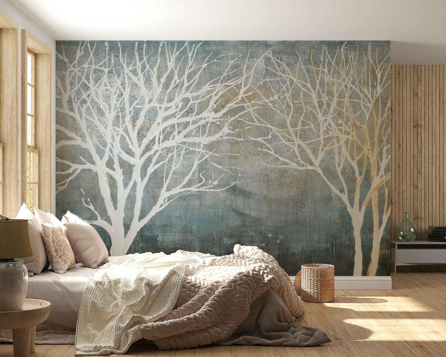 The image shows a peaceful forest against a blue background.