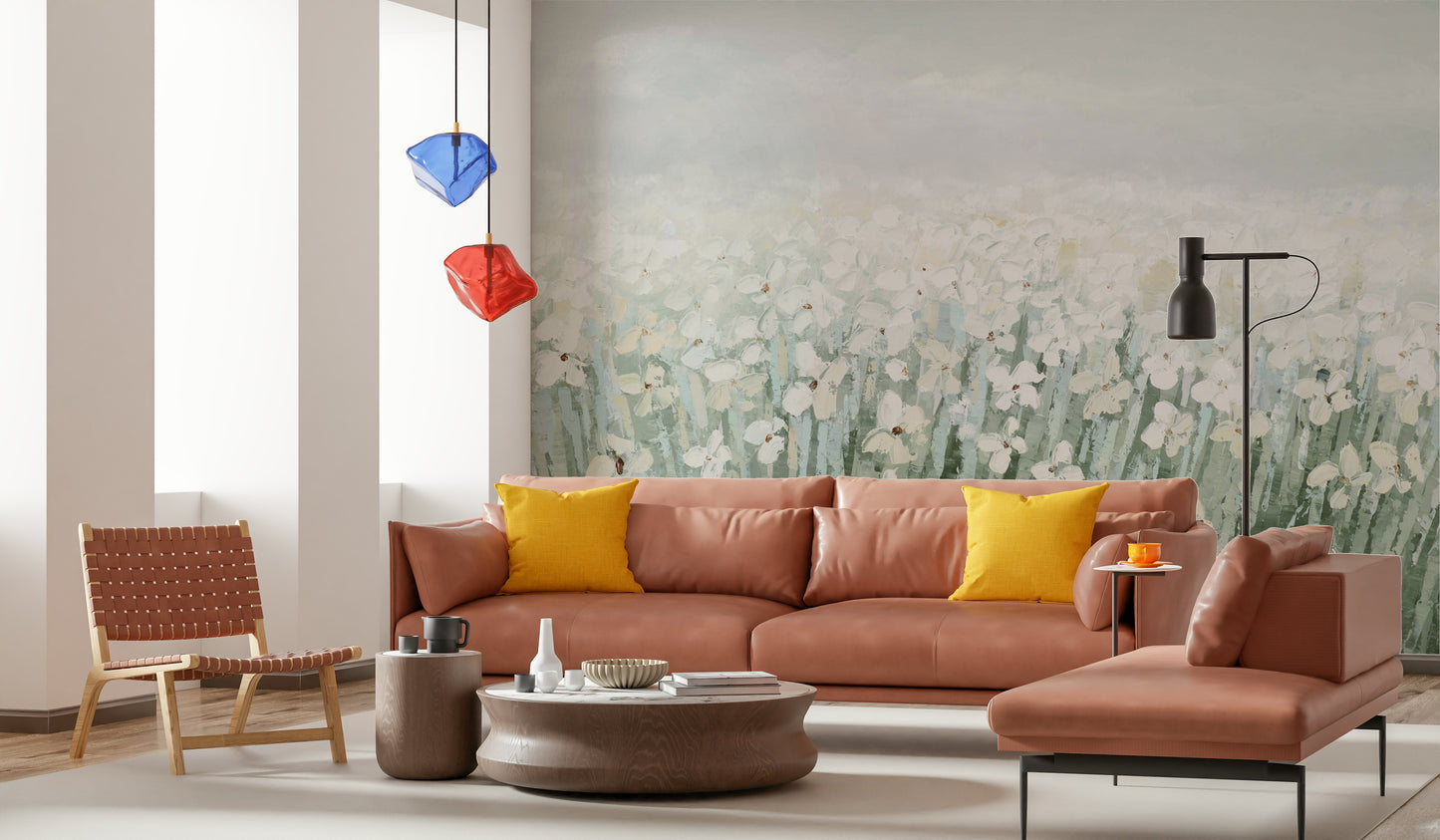 The image shows a peaceful scene with soft blossoms and grasses.