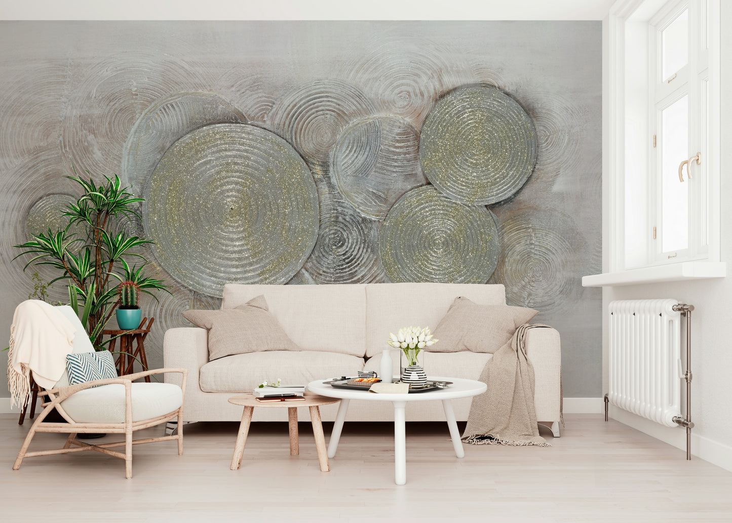 A wall mural of a metallic ring pattern.