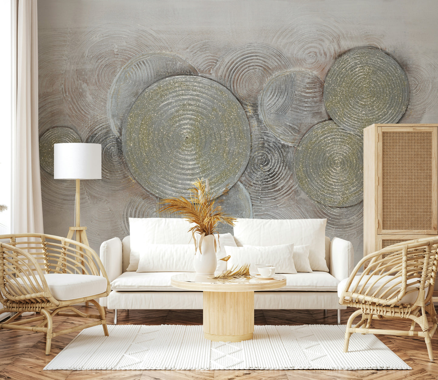 The colors are soft and metallic tones of gold, silver, and bronze.