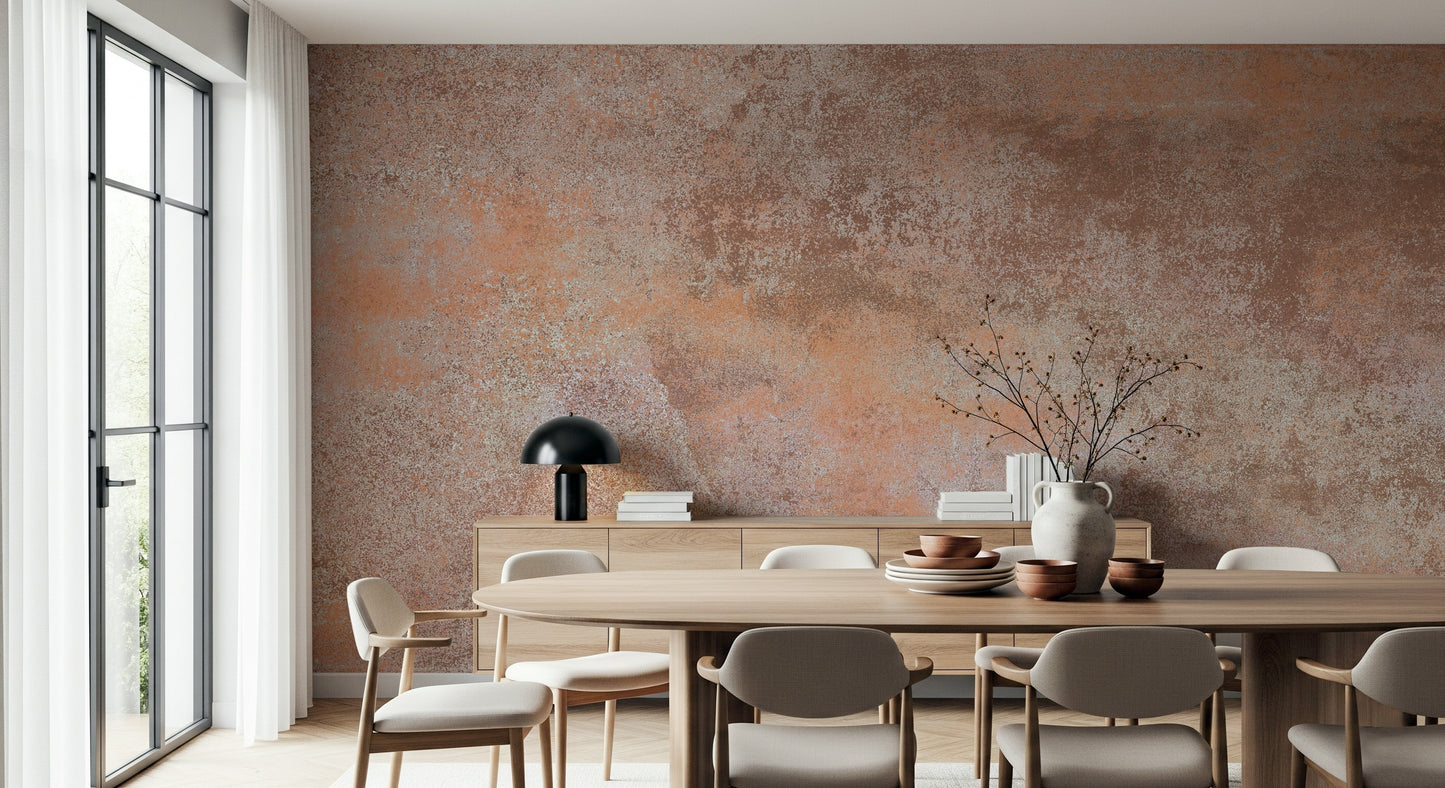 The colors are warm, muted tones of terra cotta and rust.