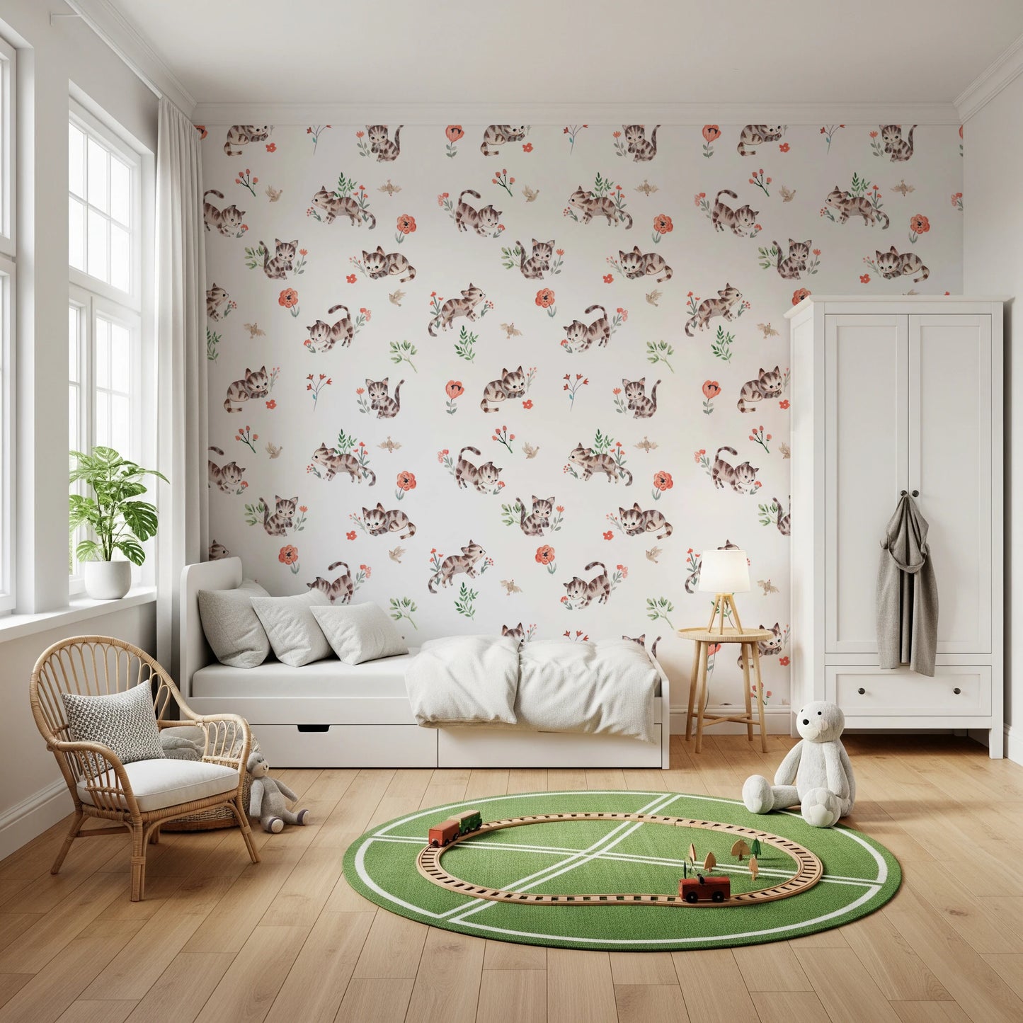 Floral kitten pattern wallpaper for nursery walls