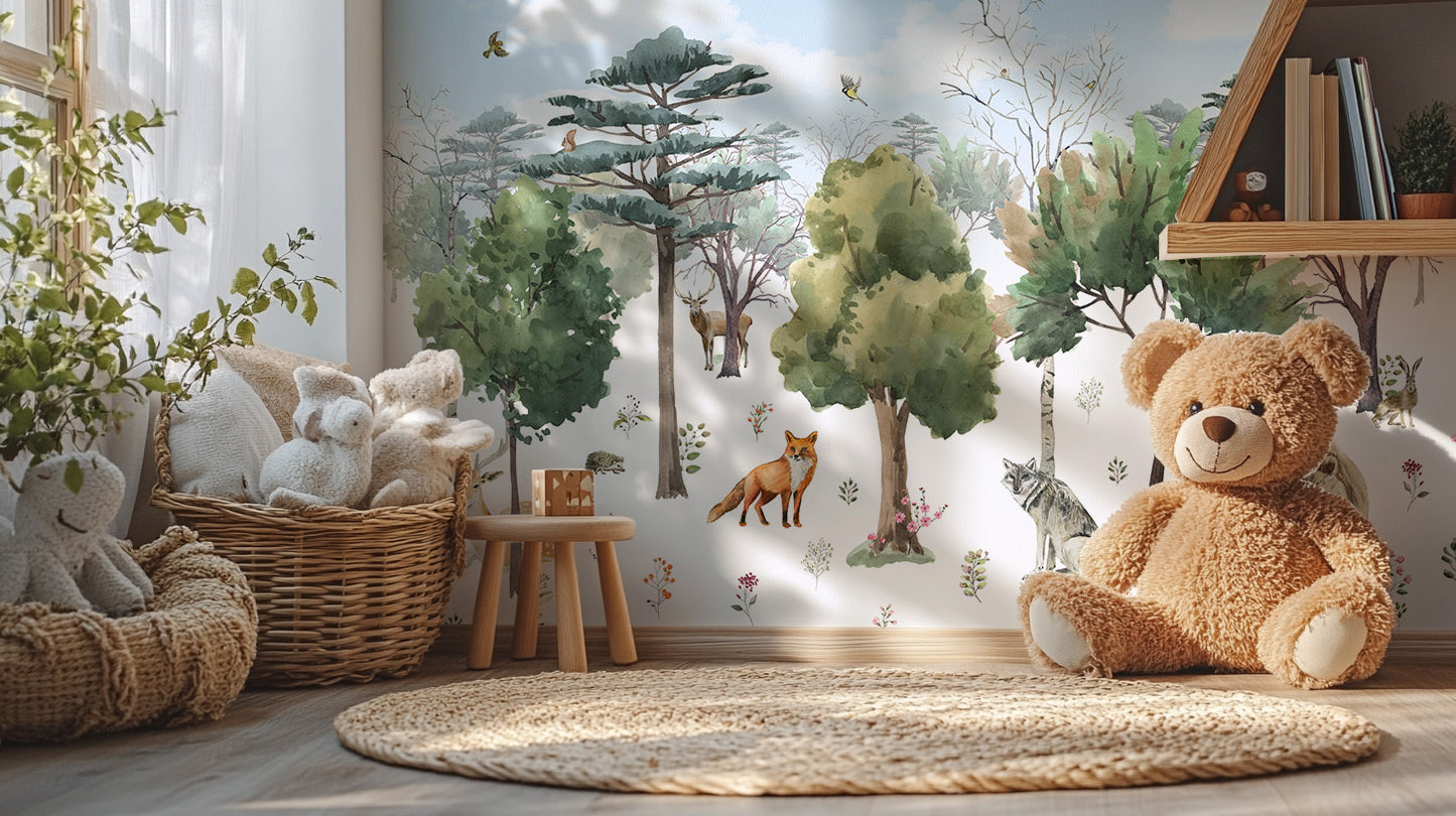 Woodland creatures wall art in watercolor style
