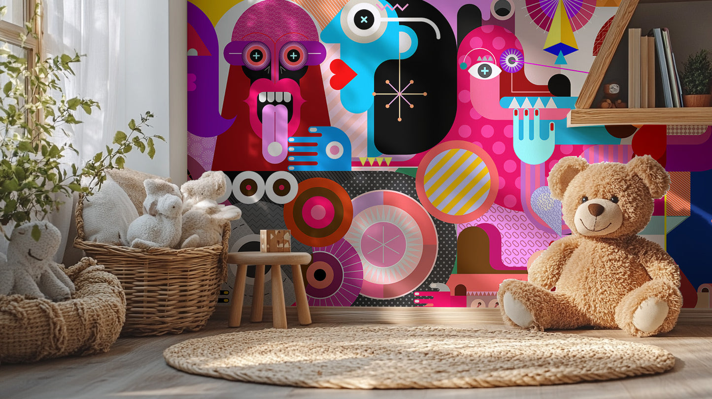 Bold abstract faces wallpaper for interiors