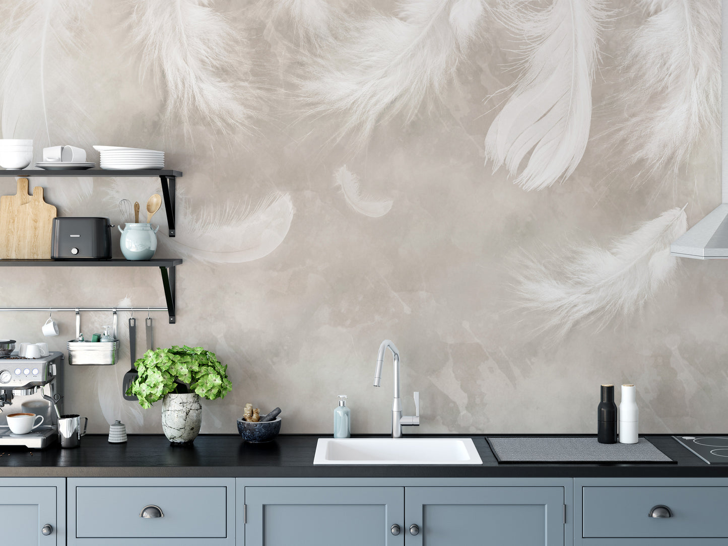Soft feather drift mural for serene spaces