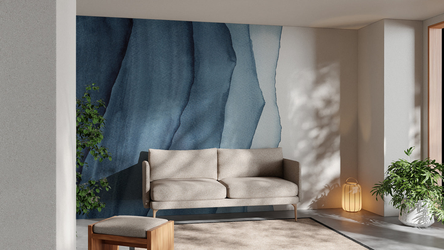Modern mural with gentle blue waves and smooth flowing lines