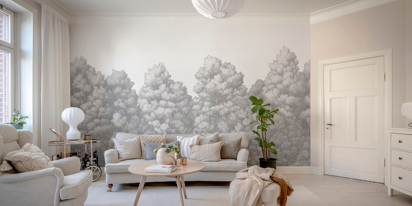 Soft grey trees mural for elegant and modern spaces