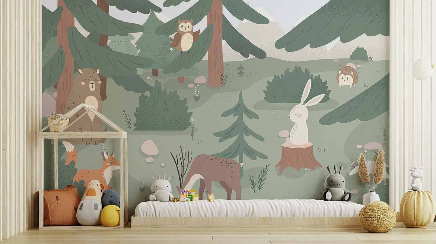 Woodland-themed kids mural with adorable forest creatures