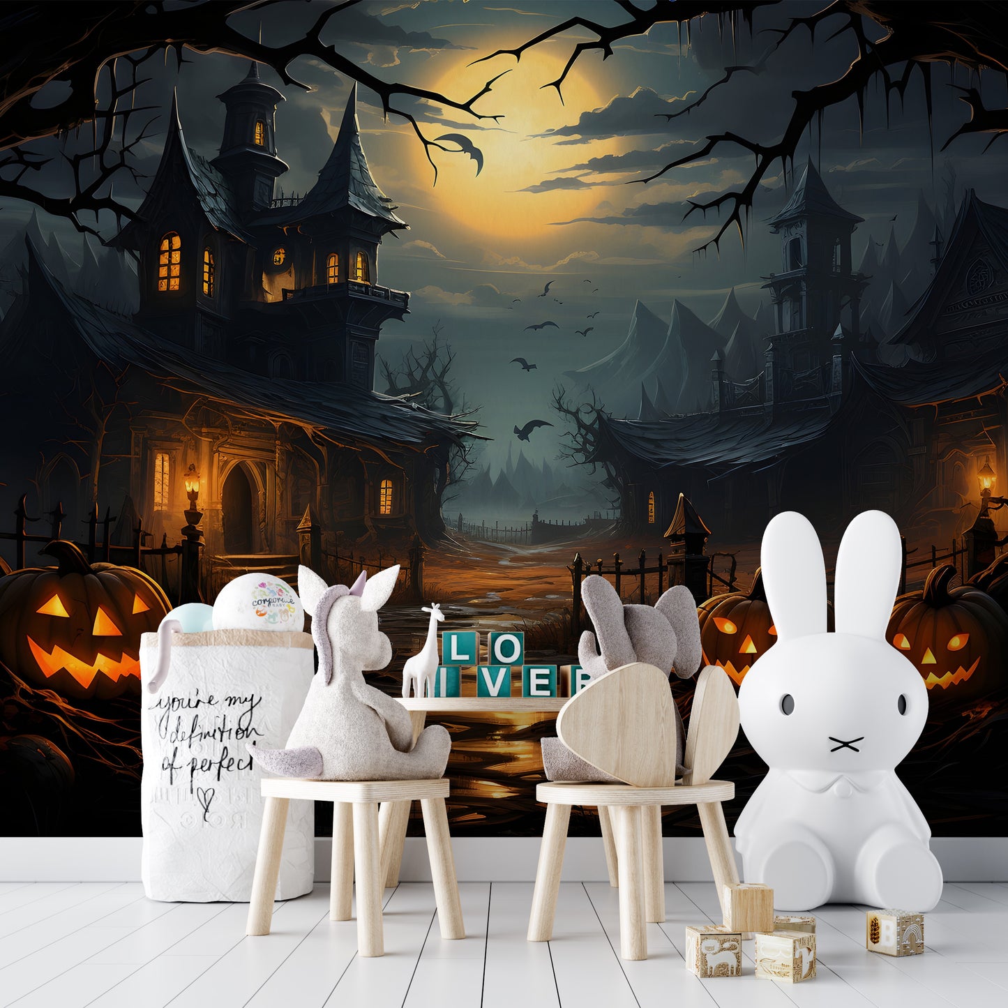 Wallpaper showcasing a spooky haunted house landscape
