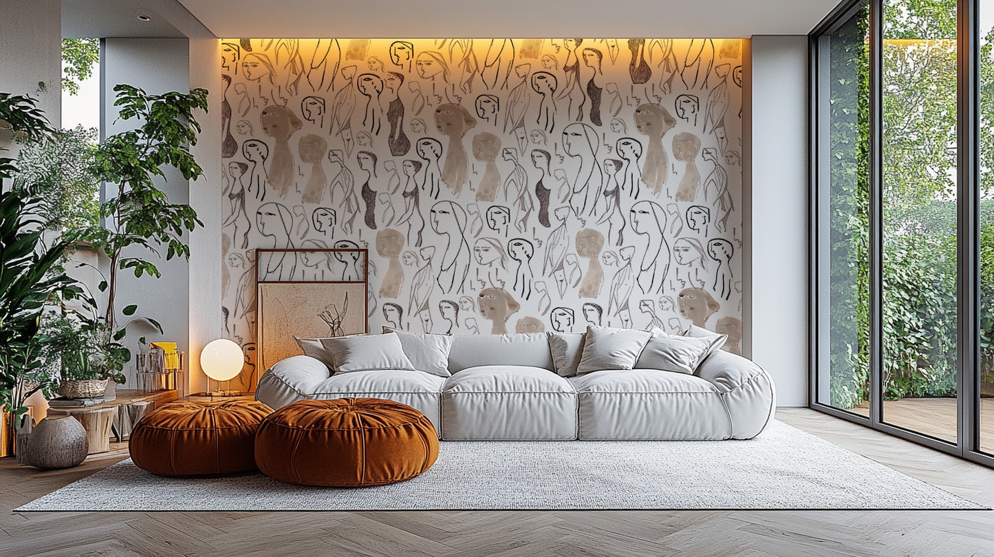 Artistic faces wallpaper mural with a bold, modern style.