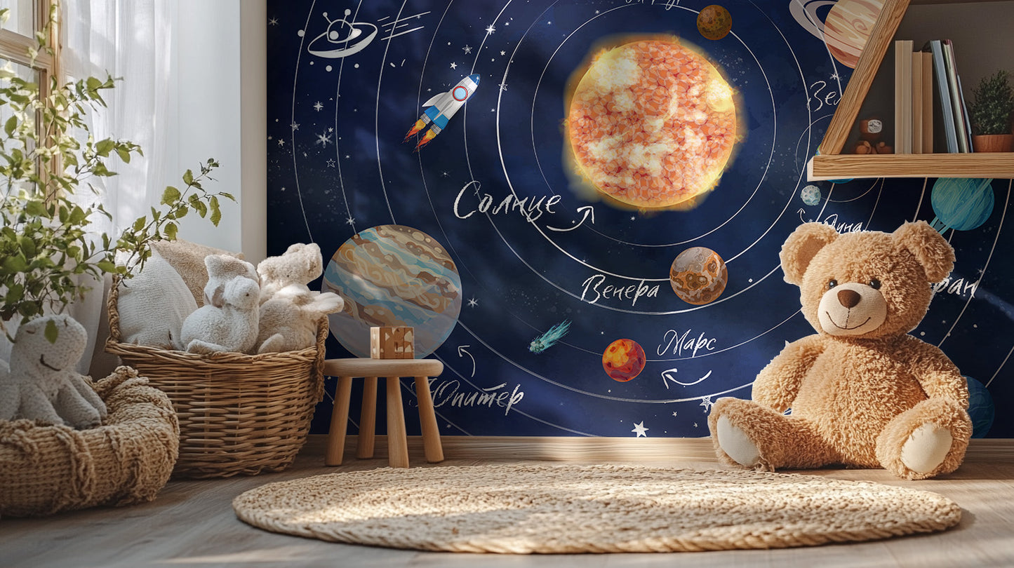 Space exploration themed wall mural decor.