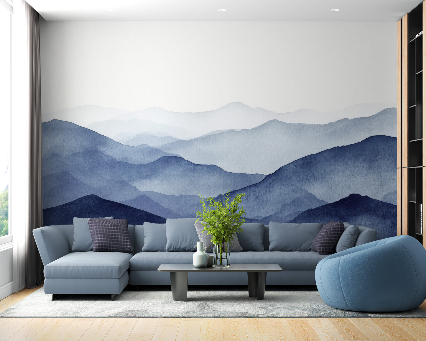 Elegant misty blue mountain mural for peaceful walls