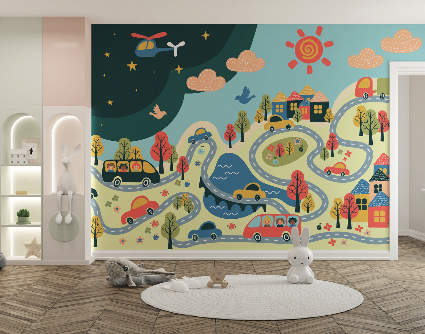Colorful city mural with cartoon vibes