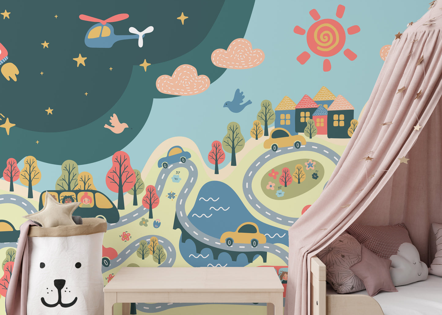 Imaginary city mural wallpaper theme