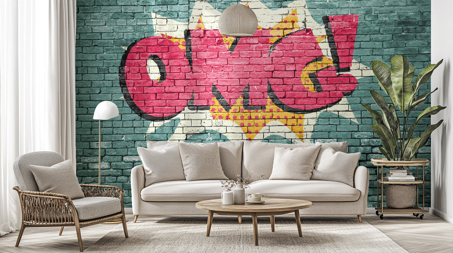 Artistic OMG graffiti design on brick wall