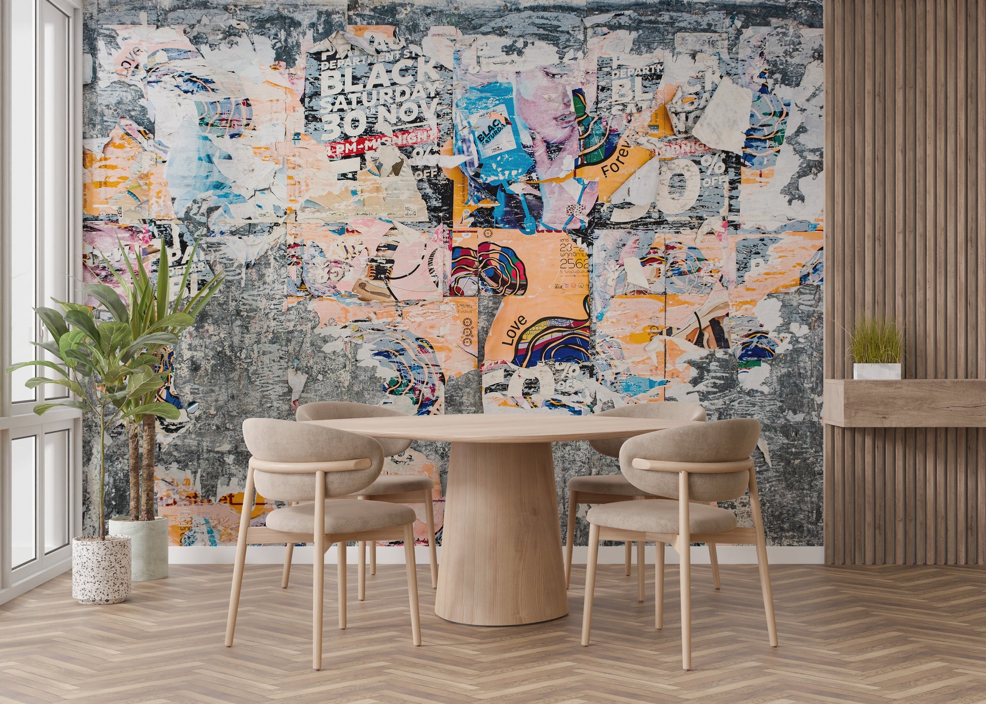 Vintage collage mural with layered wall art