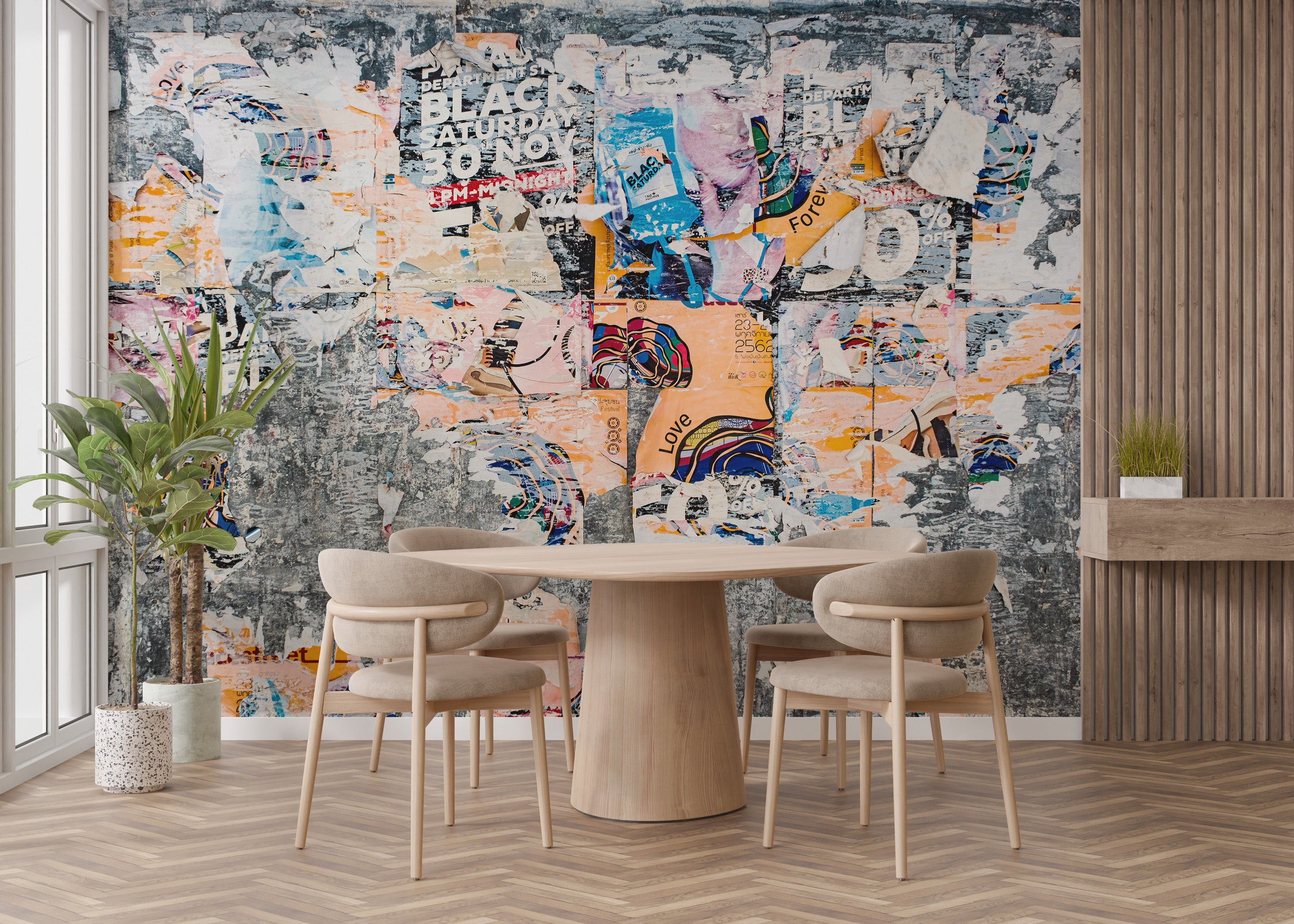 Vintage collage mural with layered wall art