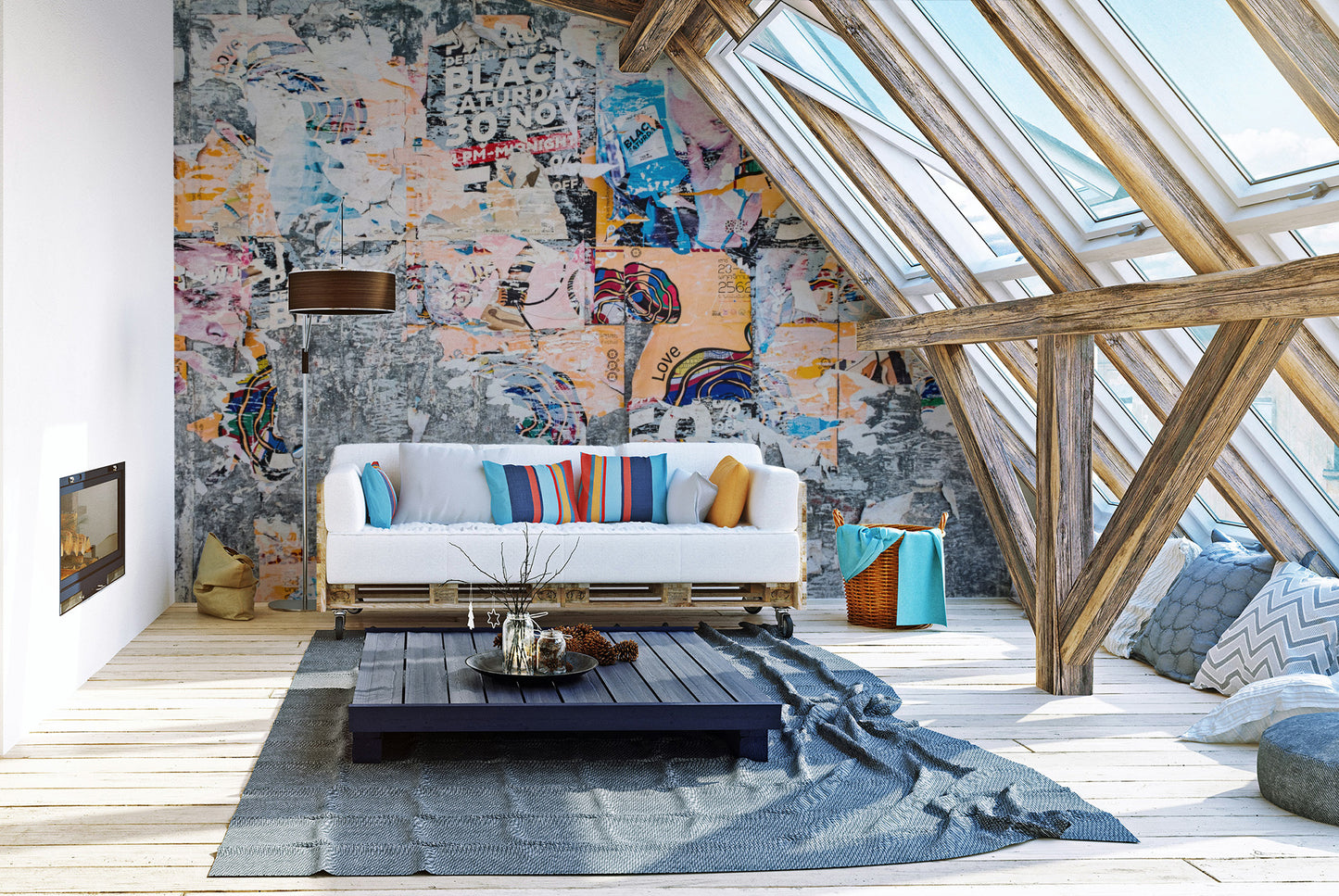 Torn poster-themed layered echoes wall mural