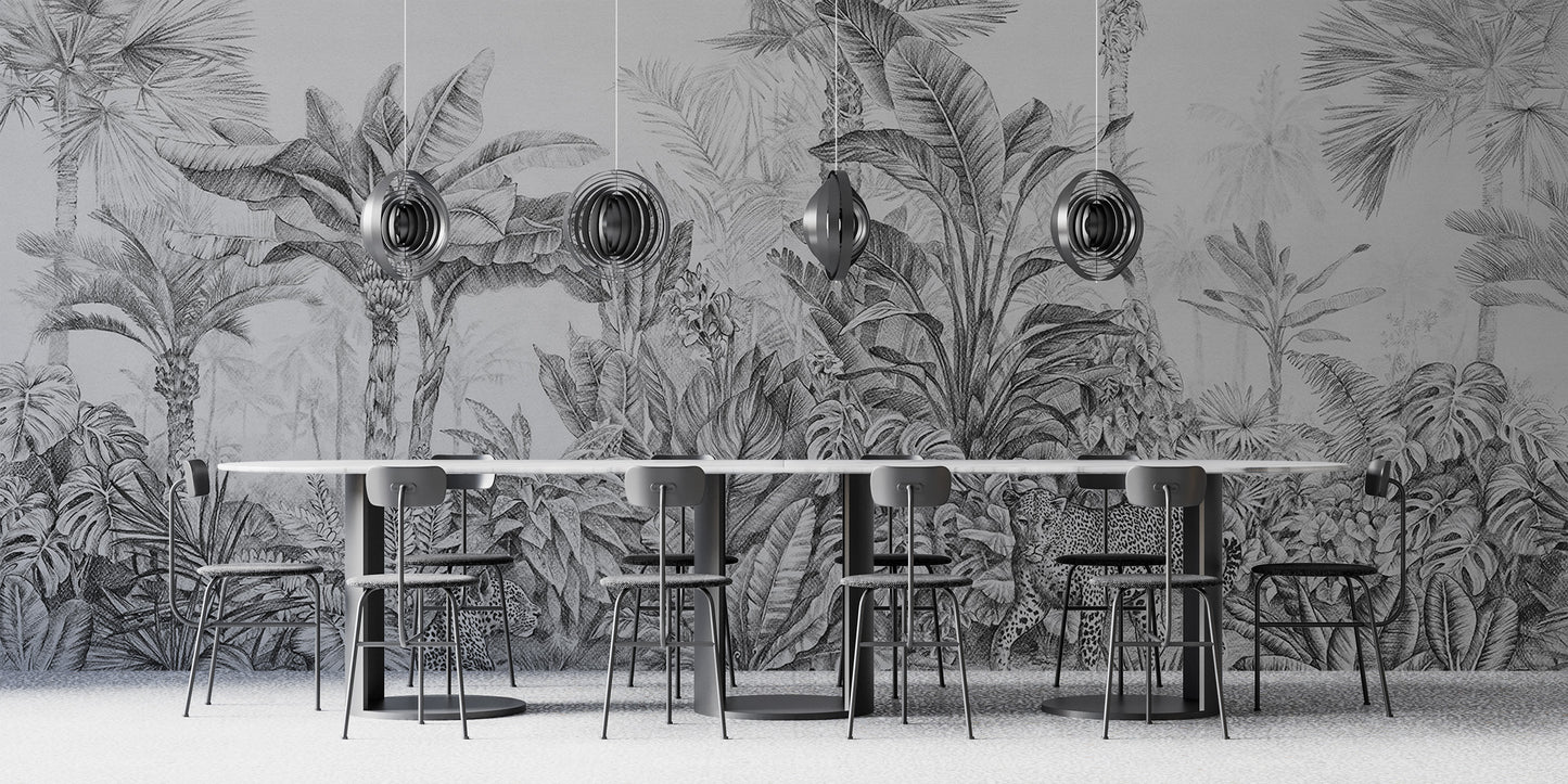 Stylish leopard jungle wallpaper in grey tones