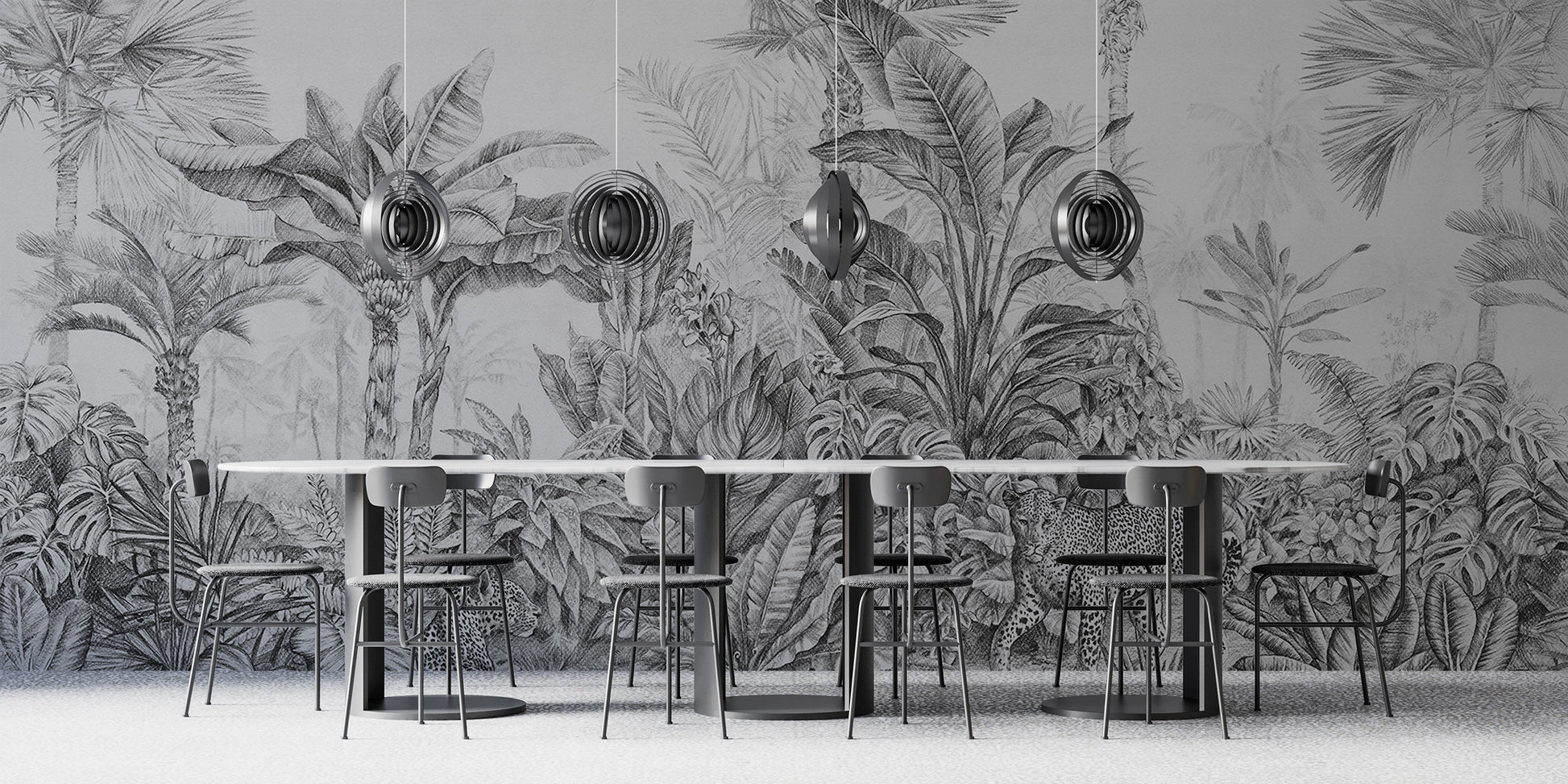 Stylish leopard jungle wallpaper in grey tones