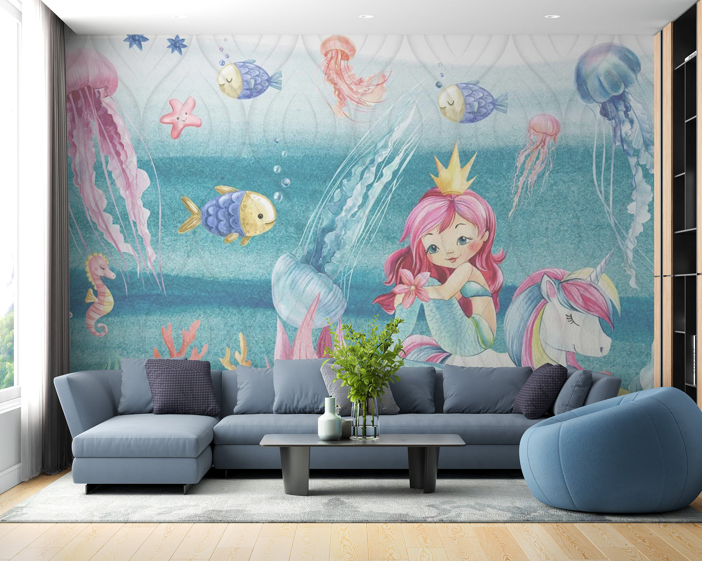 Magical ocean kingdom mural featuring mermaids for decor