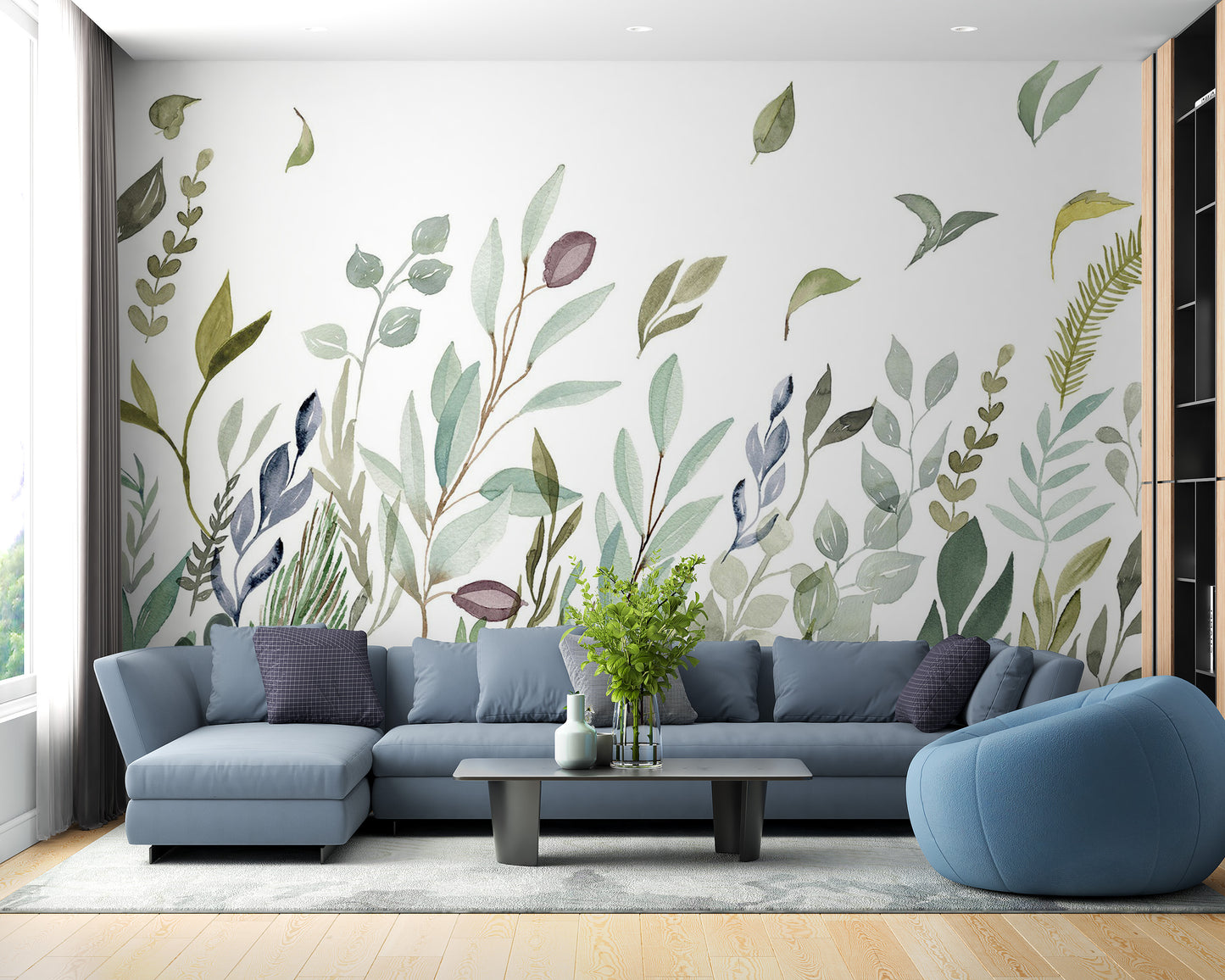 Natural leaf pattern in watercolor for wall mural