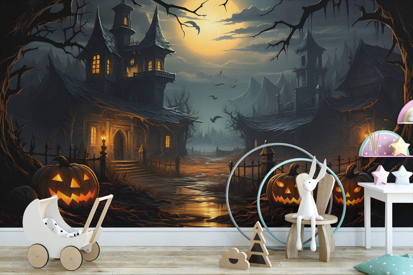 Haunted house mural with bats and a creepy atmosphere