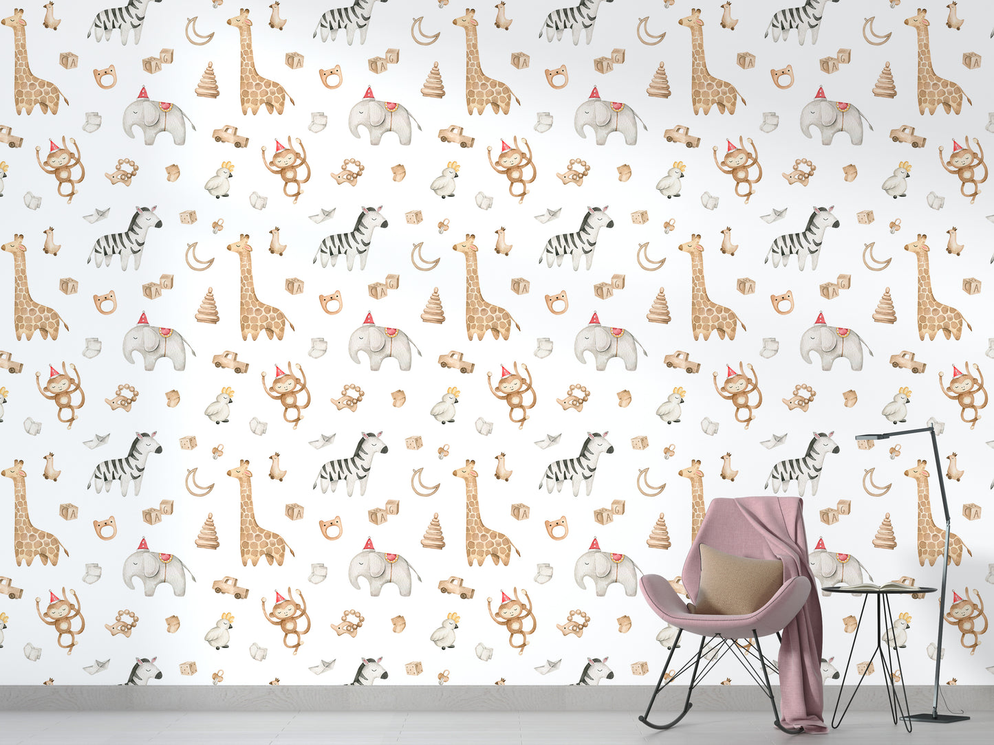 Watercolor Elephant Giraffe Zebra Monkey Safari Animal Wallpaper