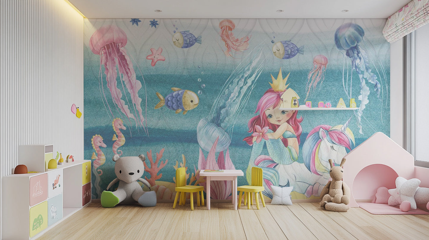 Underwater mermaid mural for a magical room ambiance
