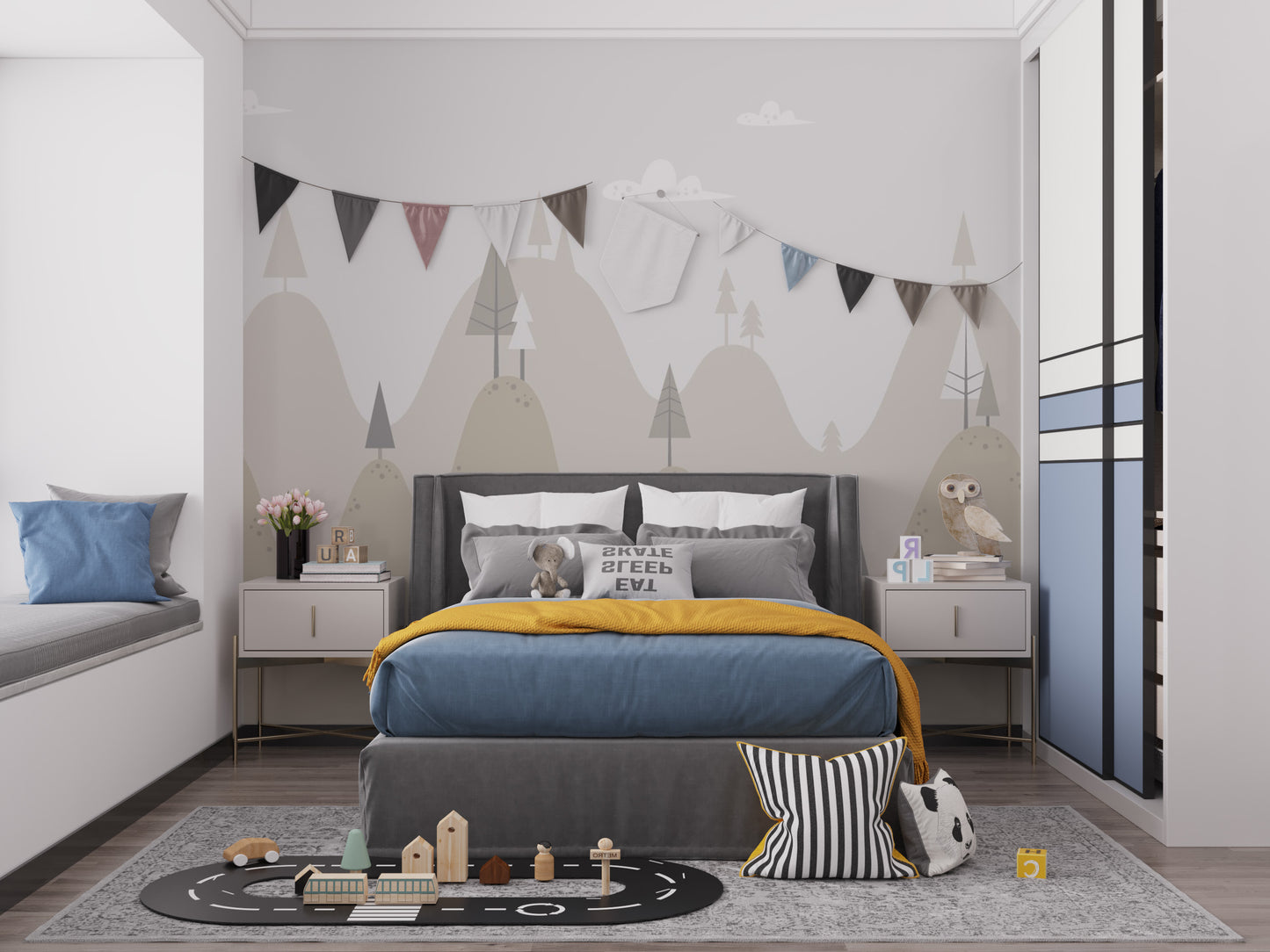 Soothing mountain wall mural for kids' space