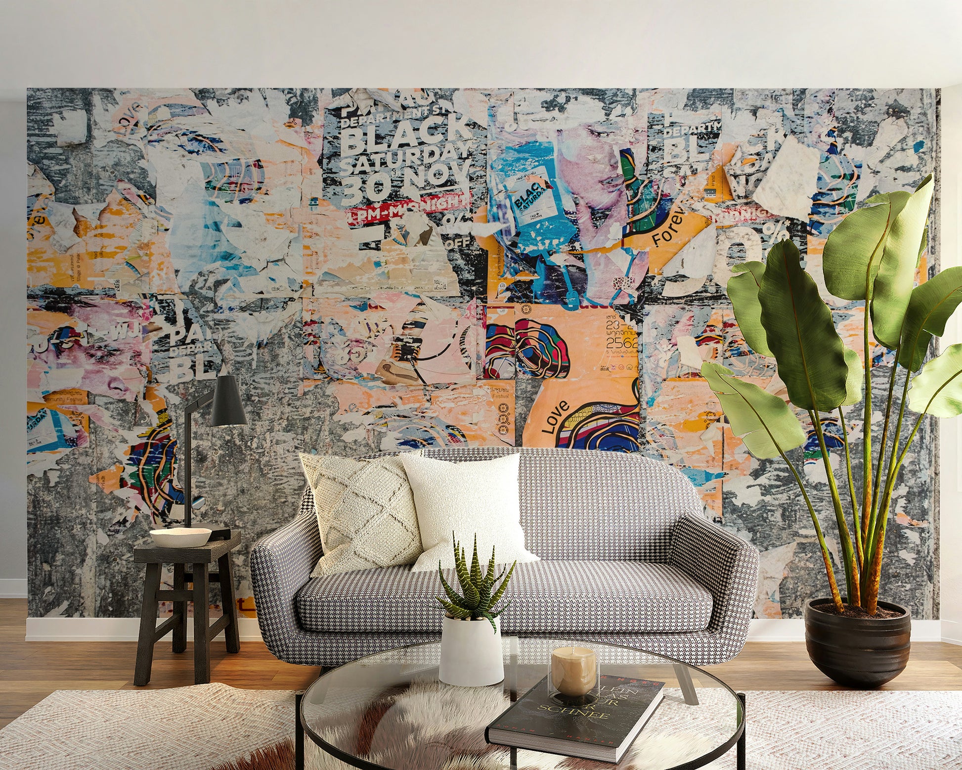Rustic wall mural with layered abstract design