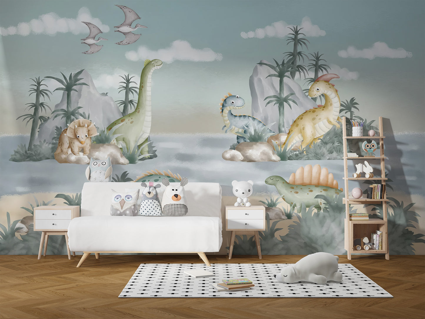 Whimsical dinosaur mural with colorful hills and landscapes