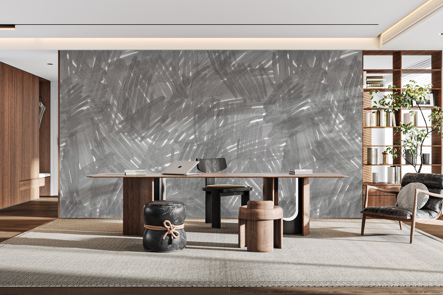 Subtle wall mural featuring soft grey stroke patterns