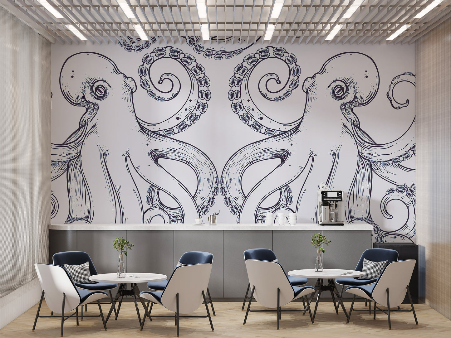 Giant octopus mural in deep sea colors for an artistic look.