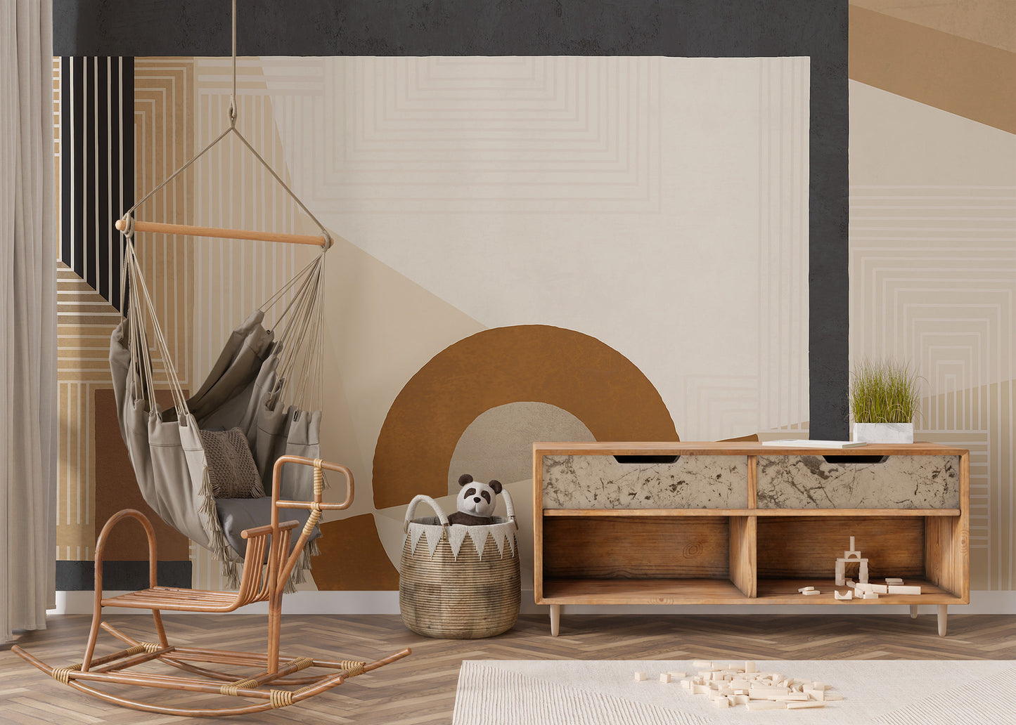 Soft beige geometric mural for modern interior styling.