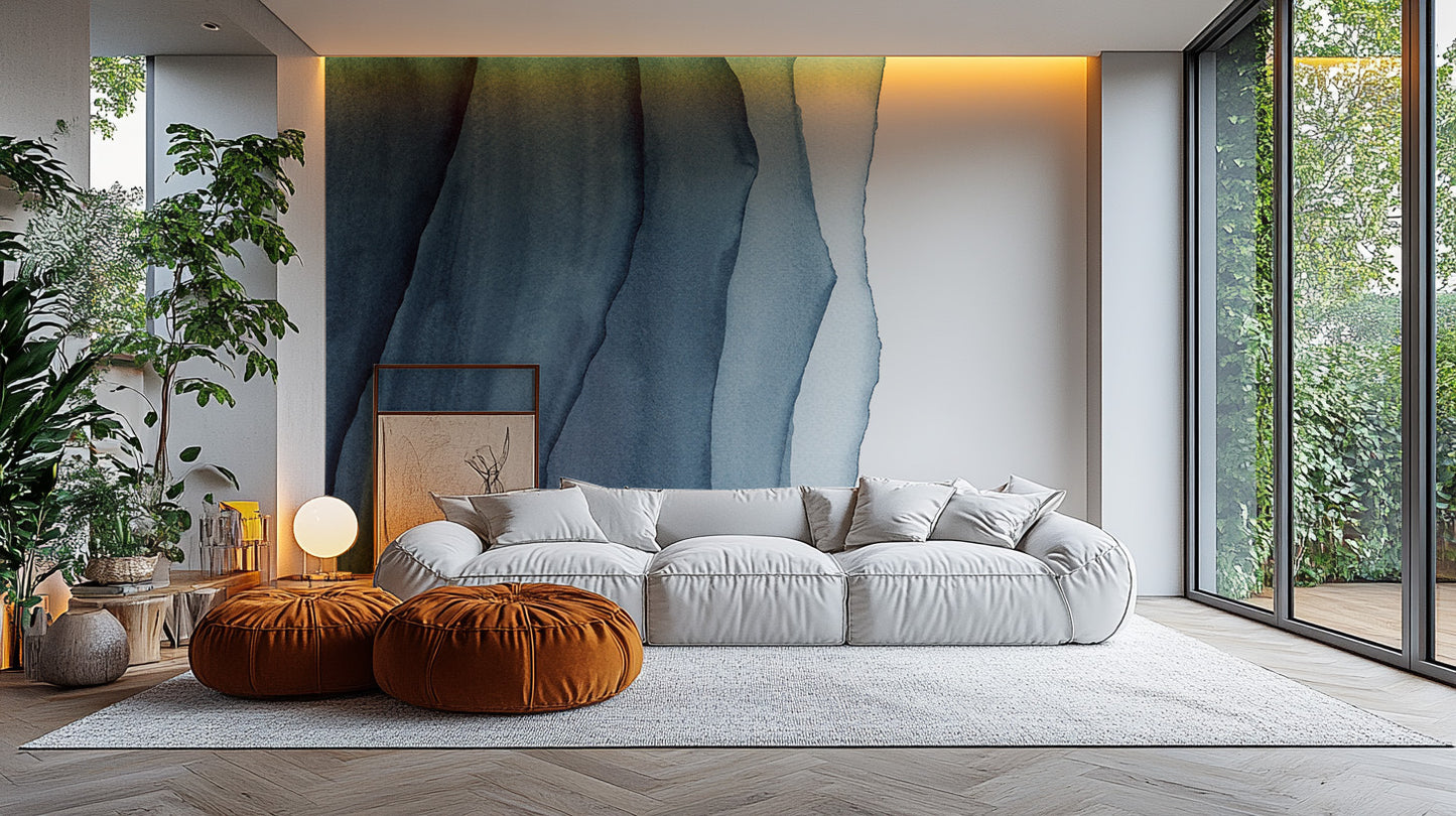 Contemporary blue waves wallpaper with fluid, textured patterns
