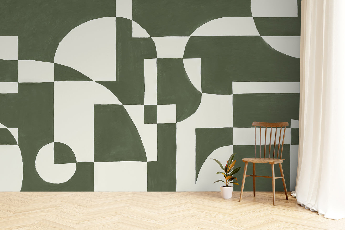 Artistic wall mural with emerald geometric patterns and textures