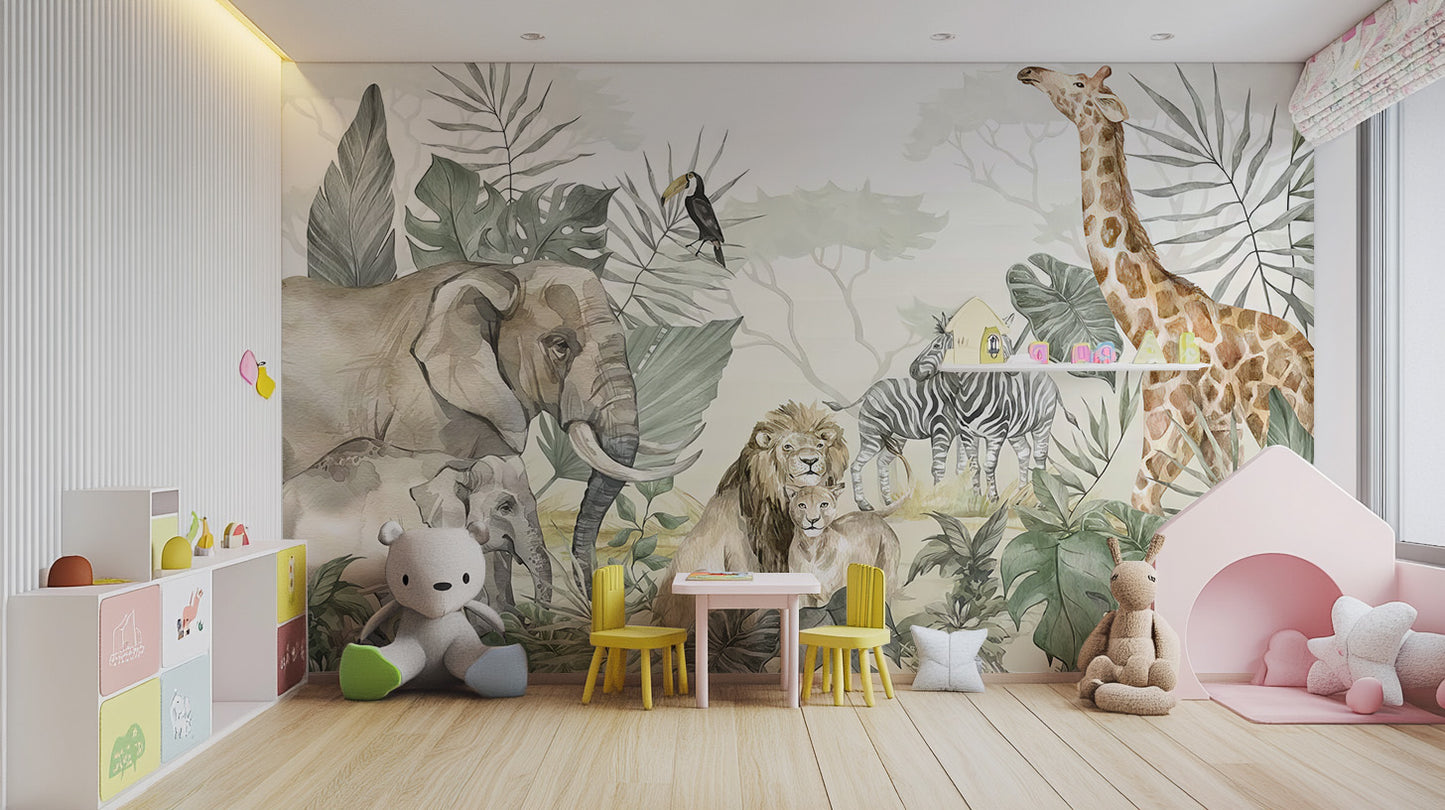 Artistic mural featuring diverse jungle animals and greenery