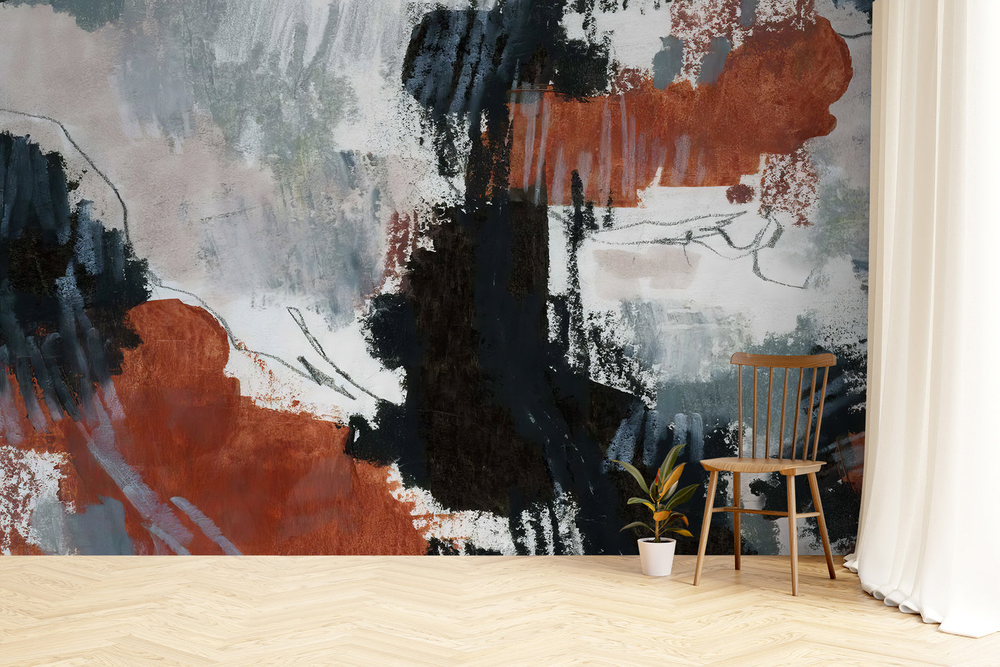 Unique wallpaper mural featuring hand-painted color elements