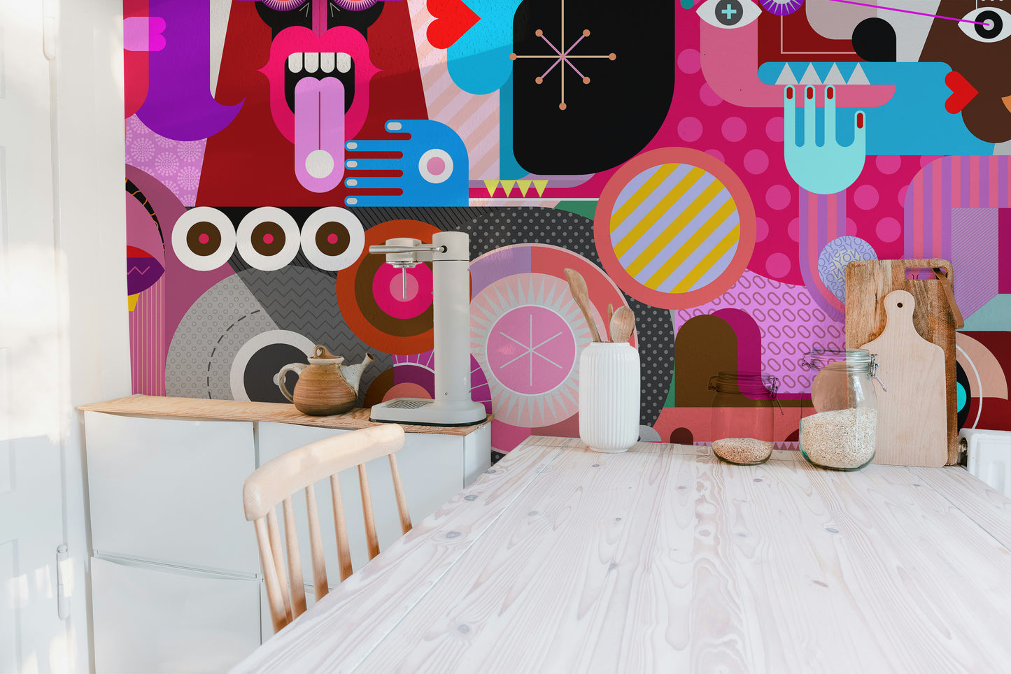 Colorful abstract faces mural for home spaces