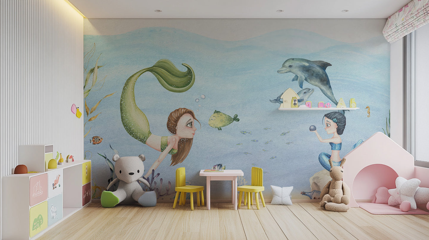 Magical mermaids girls room wallpaper with underwater scenes