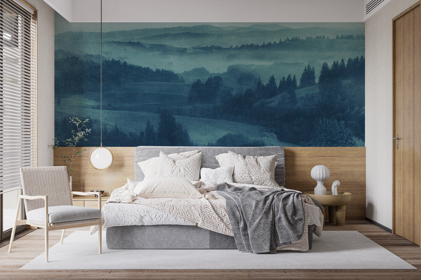 Artistic twilight mural with blue landscape scenery