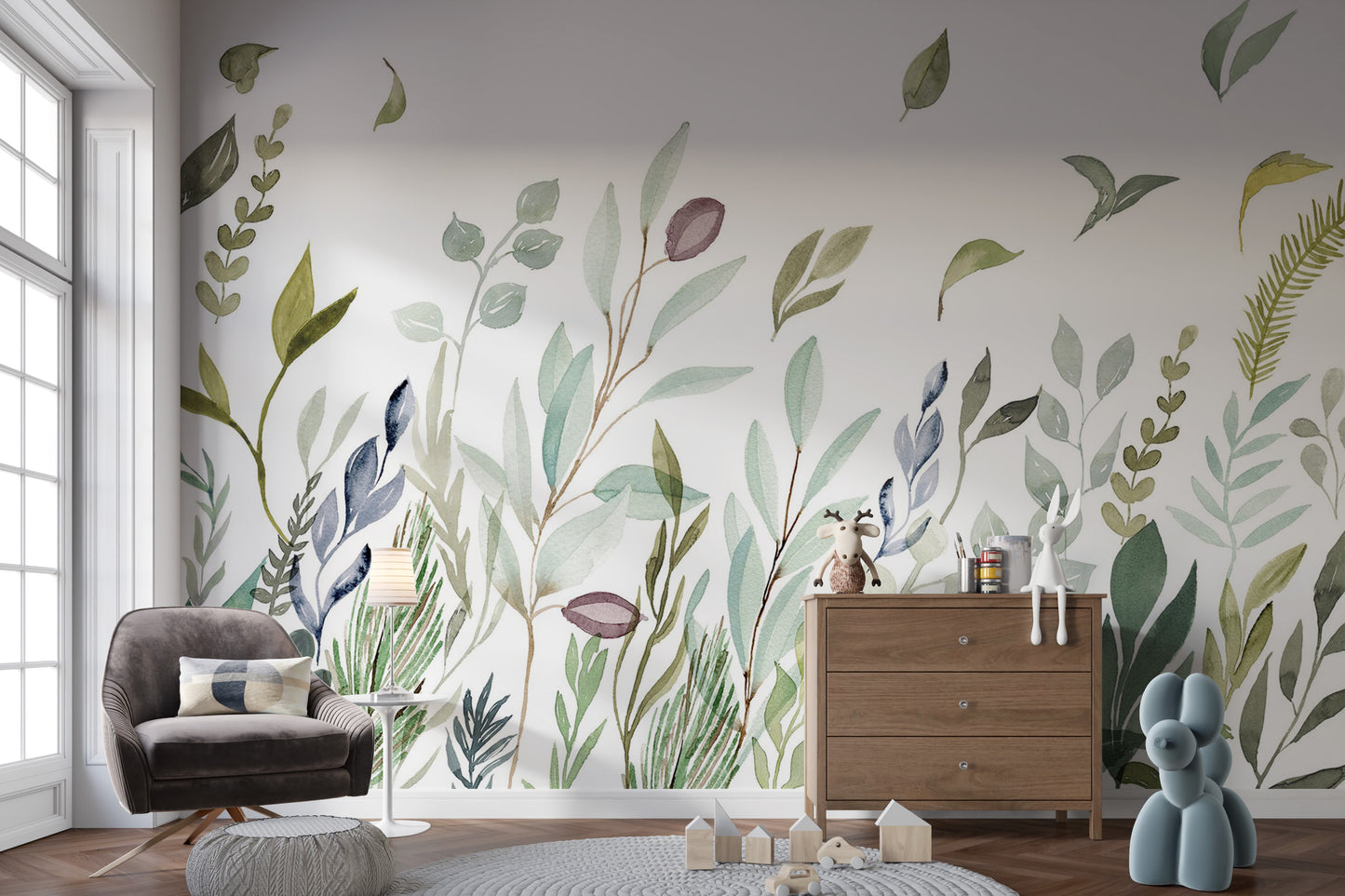 Elegant wall mural with soft watercolor leaf design