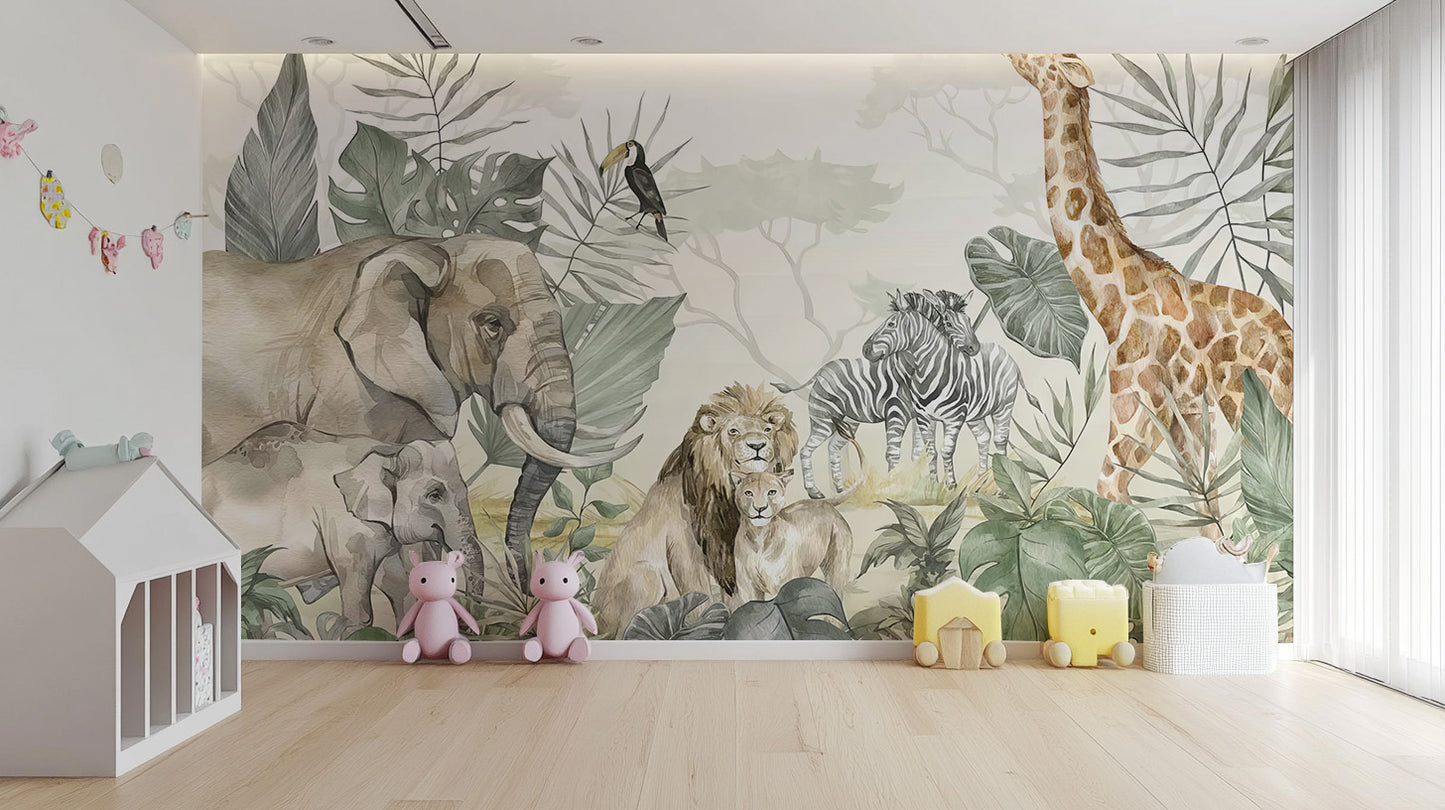 Colorful jungle animal mural perfect for lively room decor