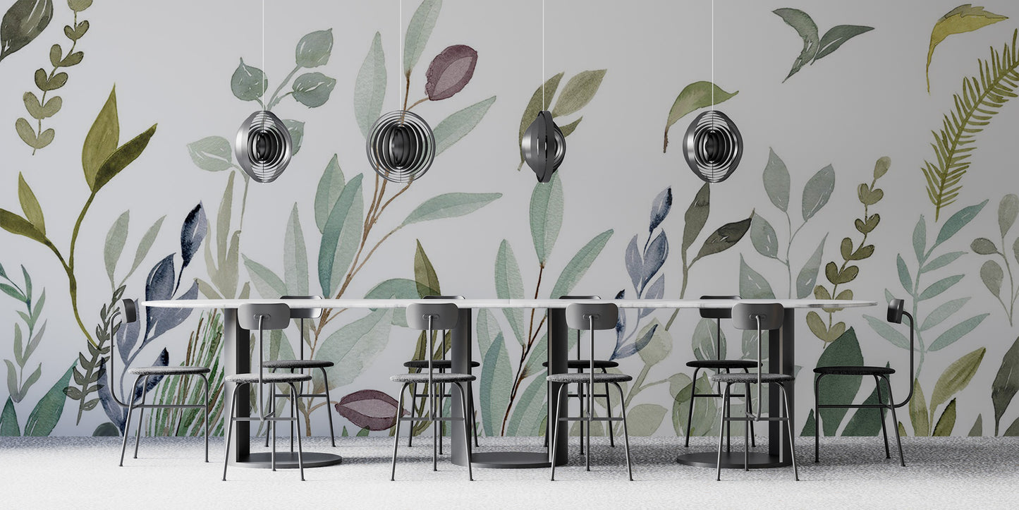Minimalist watercolor leaf pattern mural for walls