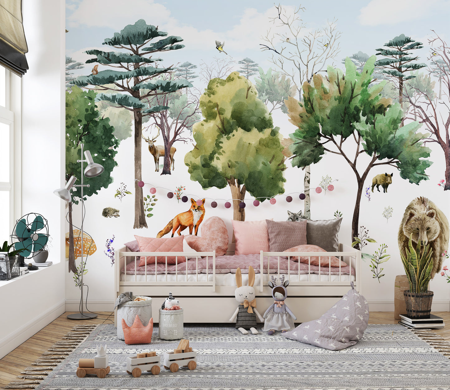 Watercolor woodland animals mural for decor