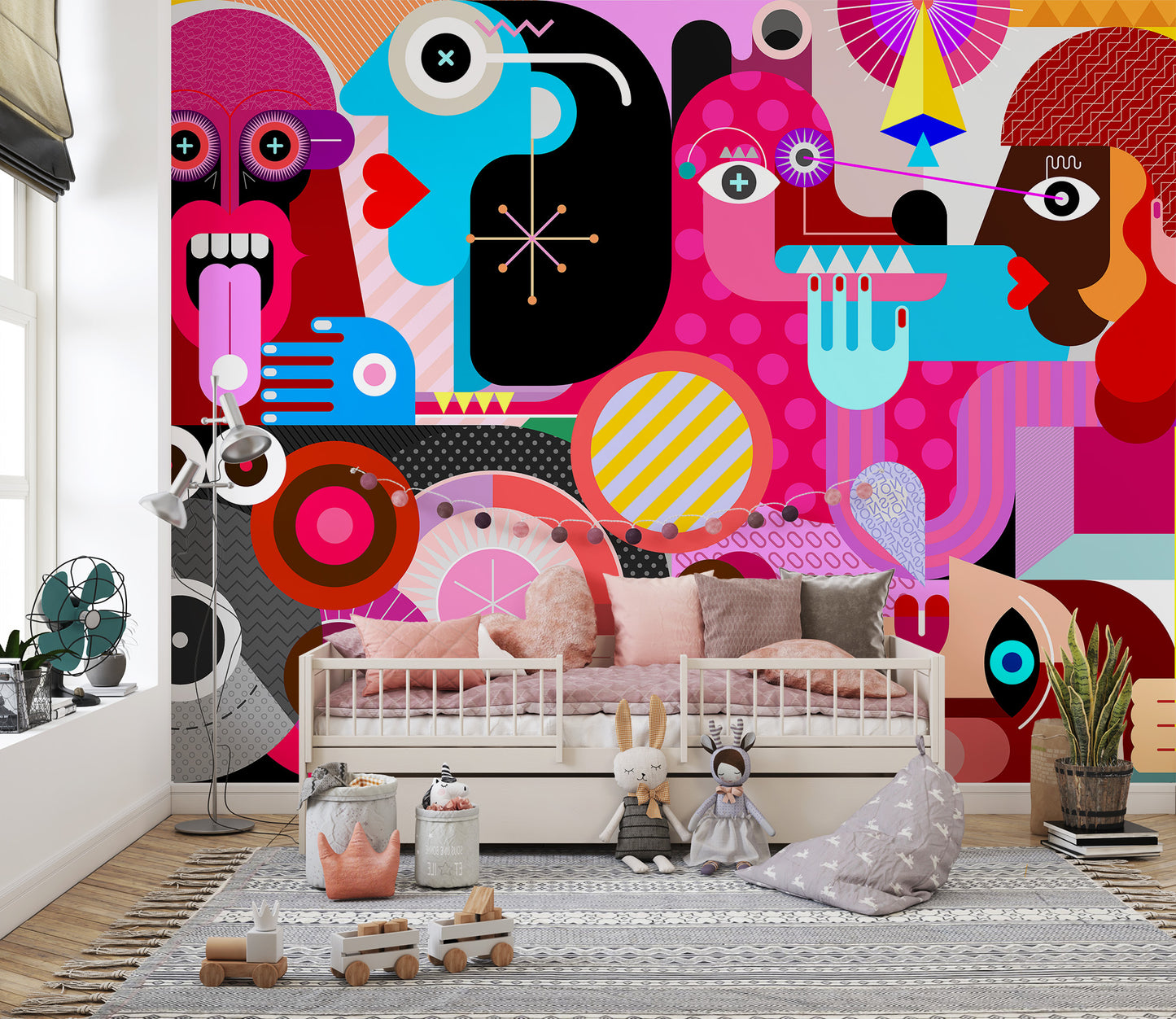 Artistic abstract faces mural for wall accents