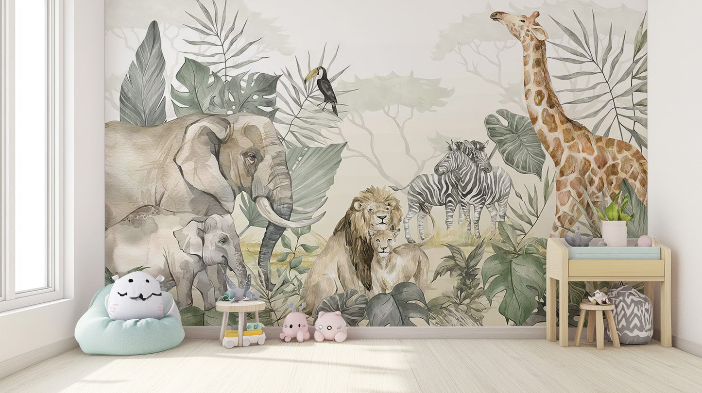 Nature-inspired mural with detailed jungle animal scenes