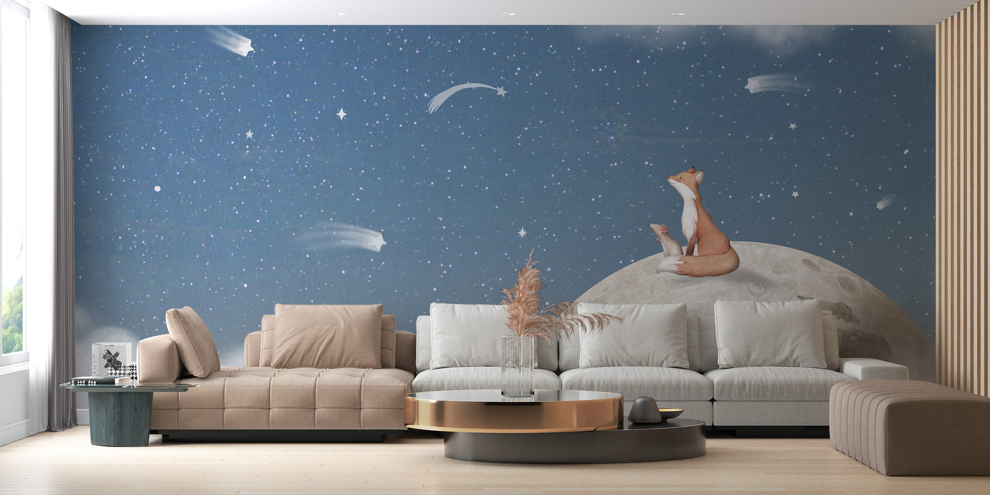 Dreamy mural showcasing a fox on the moon in blue tones