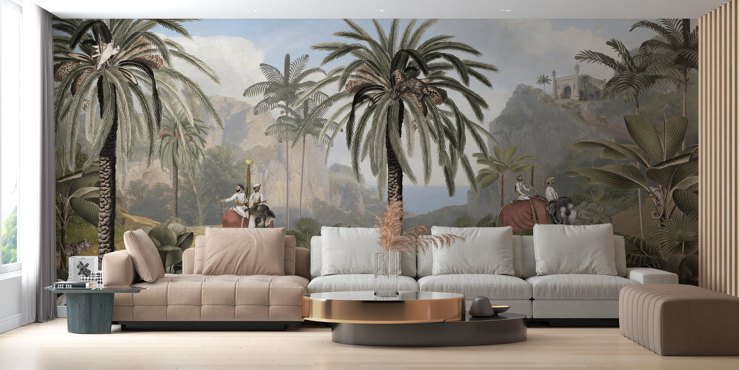 Tropical jungle mural featuring dense, vibrant foliage.